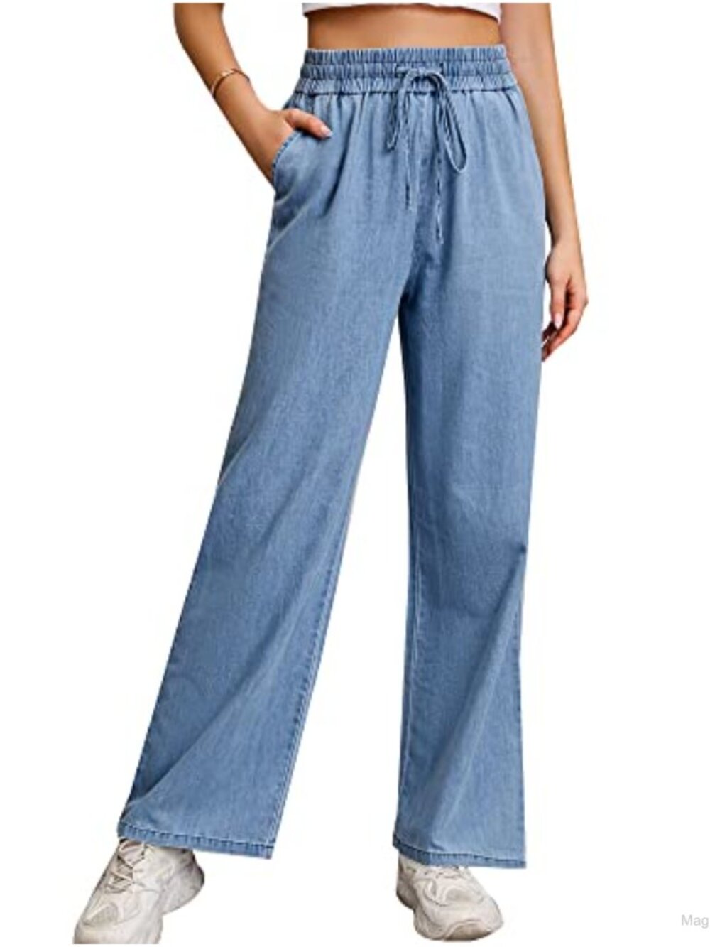 Women's High Waisted Wide Leg Jeans Pull On Elastic Waist Plus Size 3XL Washed